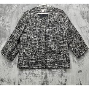 Vintage JM Collection Jacket Womens 16 Black White Tweed Full Zip Collarless